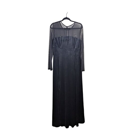 Farah Naz Black Velvet & Mesh Long Sleeve Gown Size 14 Keyhole Back Sheer Top Sl - Picture 3 of 8